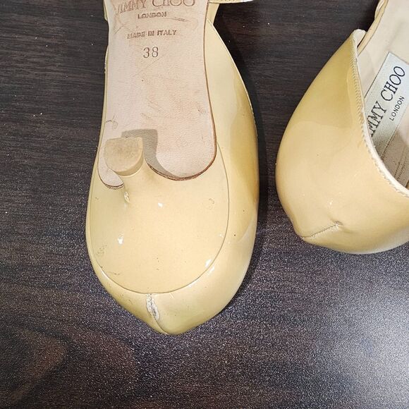 Jimmy Choo Peakaboo Gold Patent Leather Pumps Kitten Heels Womens Size 38 Work - Picture 8 of 12